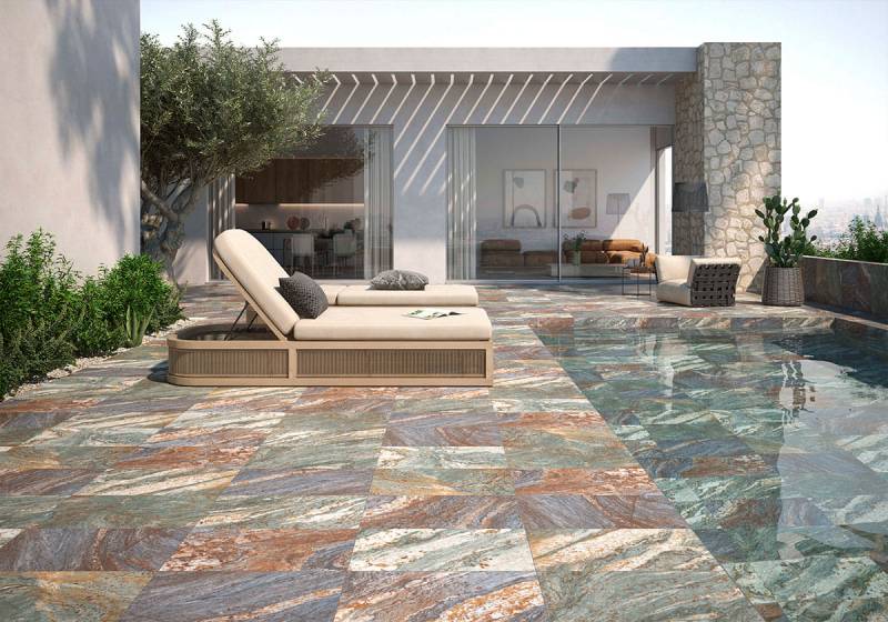 Carrelage terrasse sur plot et abords de piscine effet pierre naturel pyla sur mer Bassin d'arcachon